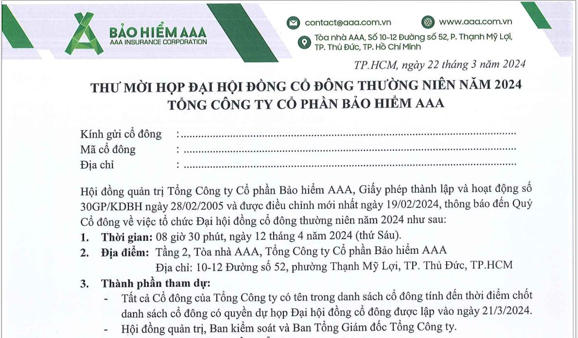 ĐẠI HỘI ĐỒNG CỔ ĐÔNG THƯỜNG NIÊN NĂM 2024